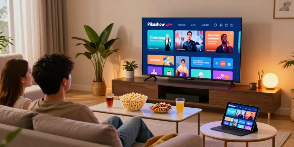 Pikashow APK featured in a cozy living room with a couple enjoying movies.