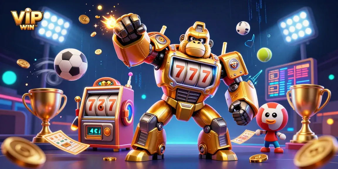 VIPWIN's dynamic gaming scene shows an explosive golden gorilla mech amidst sports elements!