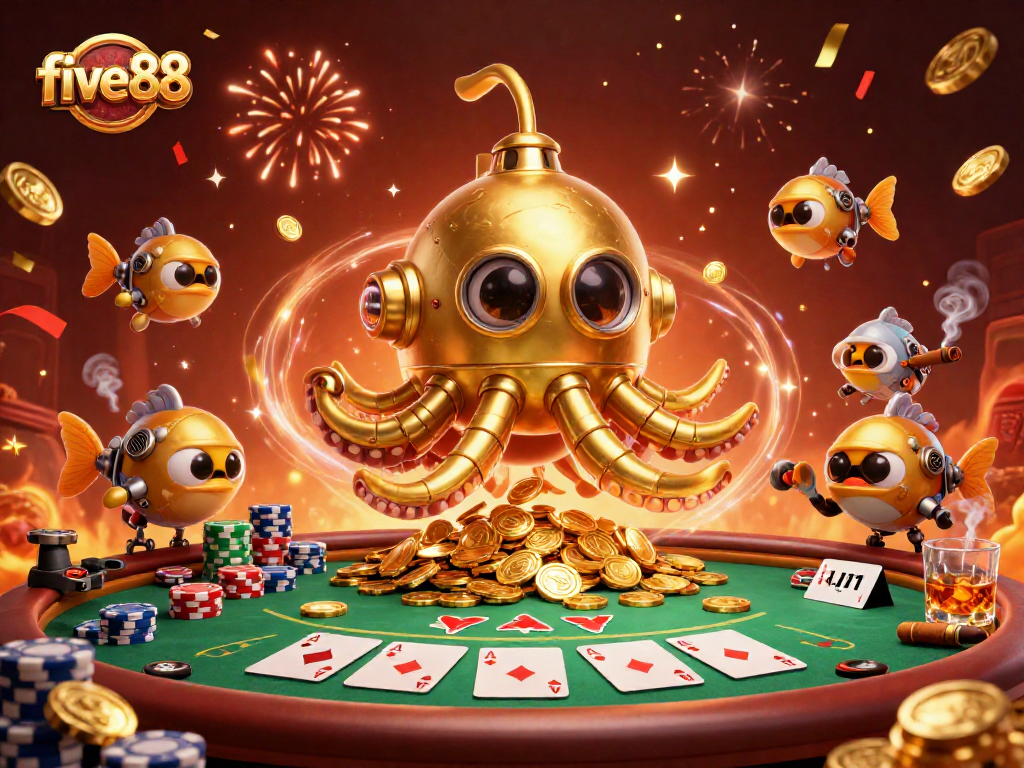 five88 cards and chips dominate an epic gambling scene with a golden kraken submarine.