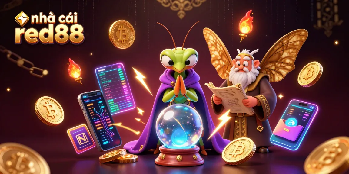 Engage in thrilling games at nhà cái red88 with energetic characters amidst glowing crypto elements.