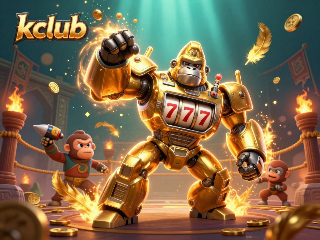 Experience the thrill with Kclub's golden gorilla mech in an action-packed casino scene.