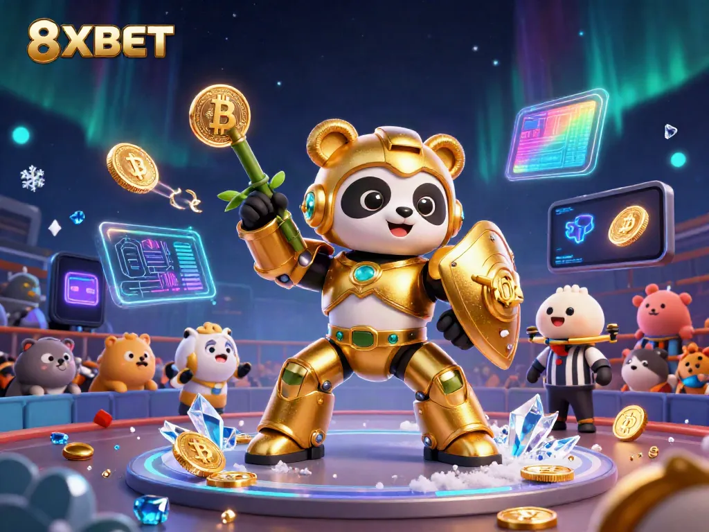 Experience the excitement of 8XBET with dynamic casino action featuring animated characters and crypto coins.