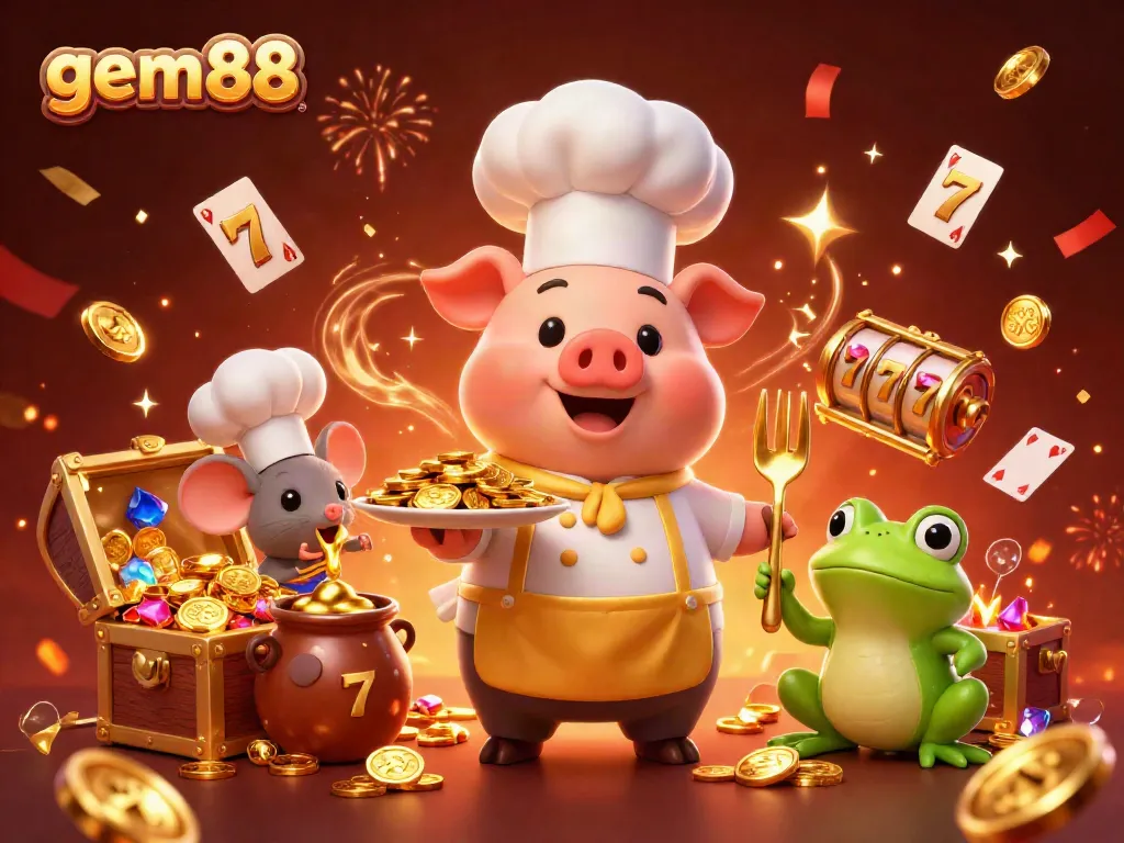 Experience the thrill of gem88 with a vibrant 3D casino scene featuring a chef pig and treasures.