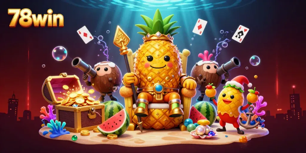 Engage in thrilling gameplay at 78win with vibrant casino characters and underwater treasure exploring a tropical scene.