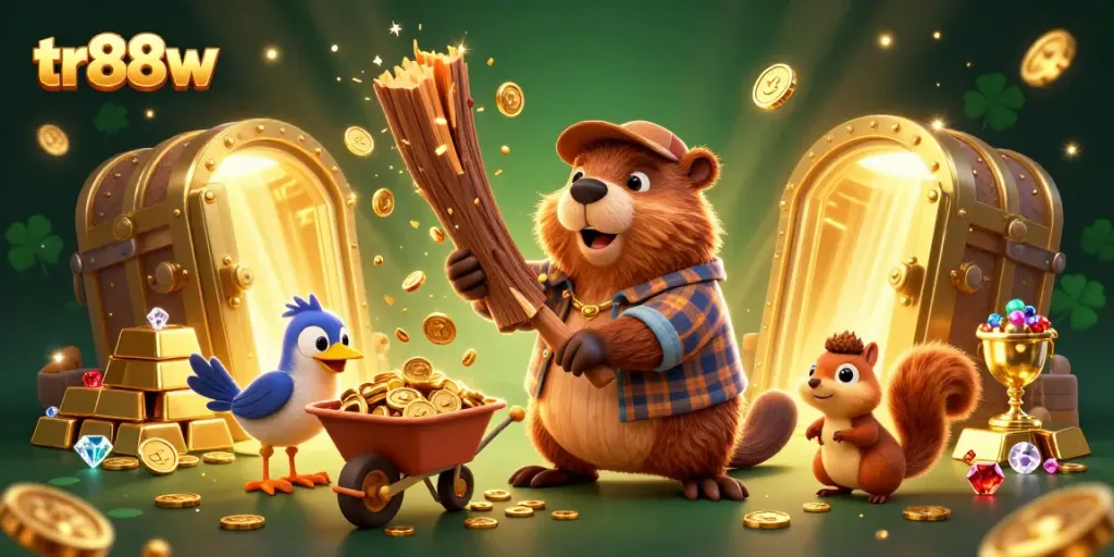 tr88w captivates players with a vibrant casino scene featuring a beaver and friends collecting coins.