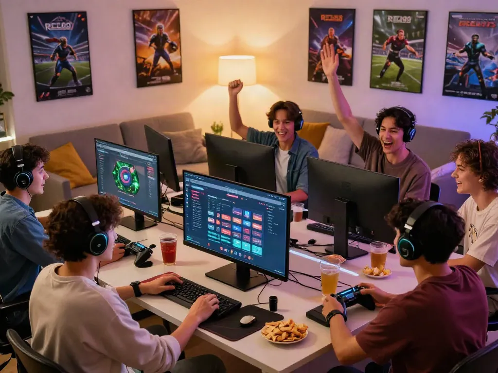 Engaging gaming scene with friends using https://red88.limited/ platform in a cozy living room.