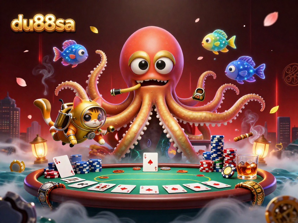 Engage with du88sa's vibrant poker world featuring a kraken and diving cat for thrilling gameplay.
