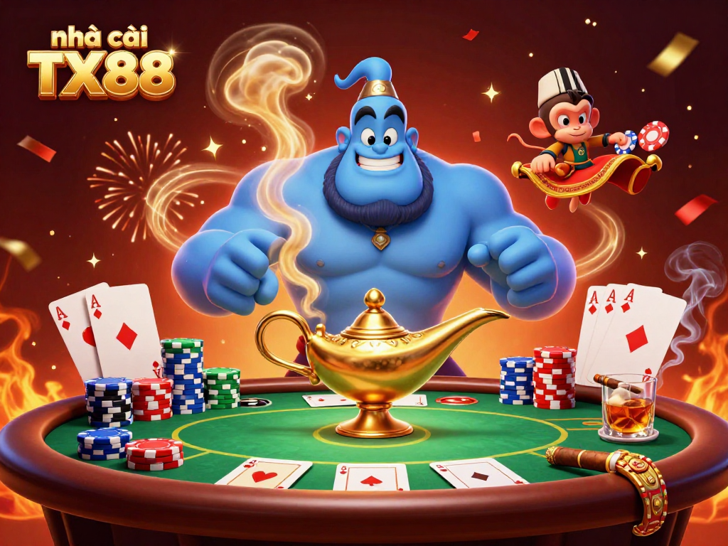 Experience excitement at nhà cái TX88 with a vibrant, animated casino scene showcasing poker dynamics.