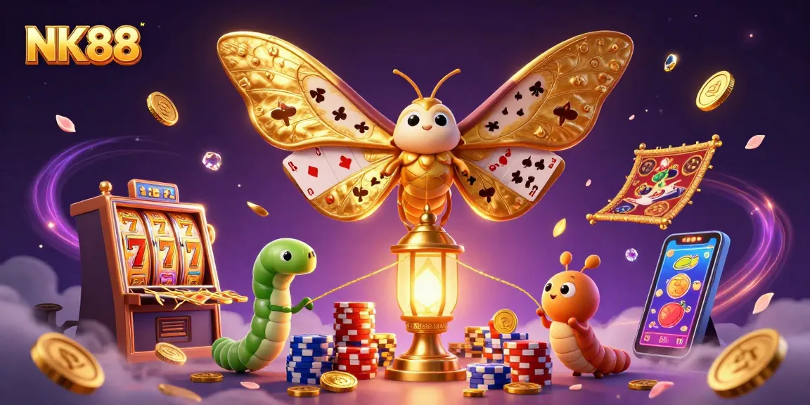 Win big with NK88 as golden moths and sparkling gems illuminate the casino scene.