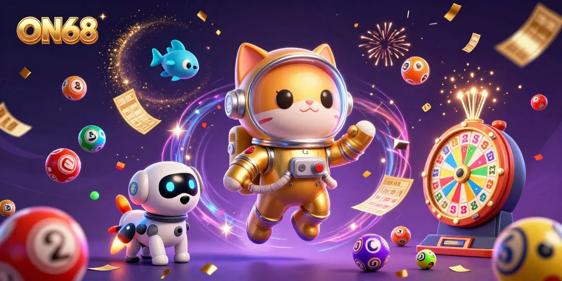 Engage with ON68's vibrant lottery fun featuring an astronaut cat, robot dog, and countless prizes.
