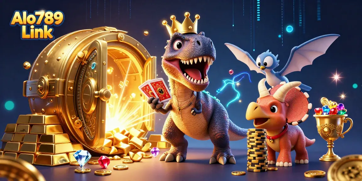 Experience exciting gameplay at Alo789 Link with our vibrant casino scene, featuring animated characters and rich treasure elements.