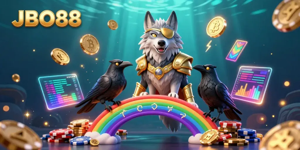 Immerse yourself in the world of JBO88 with a vibrant scene of Norse mythology-inspired characters and glowing casino elements.