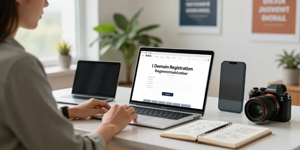 Een persoon domeinnaam checken in een moderne werkomgeving met laptop en notitieblok.
