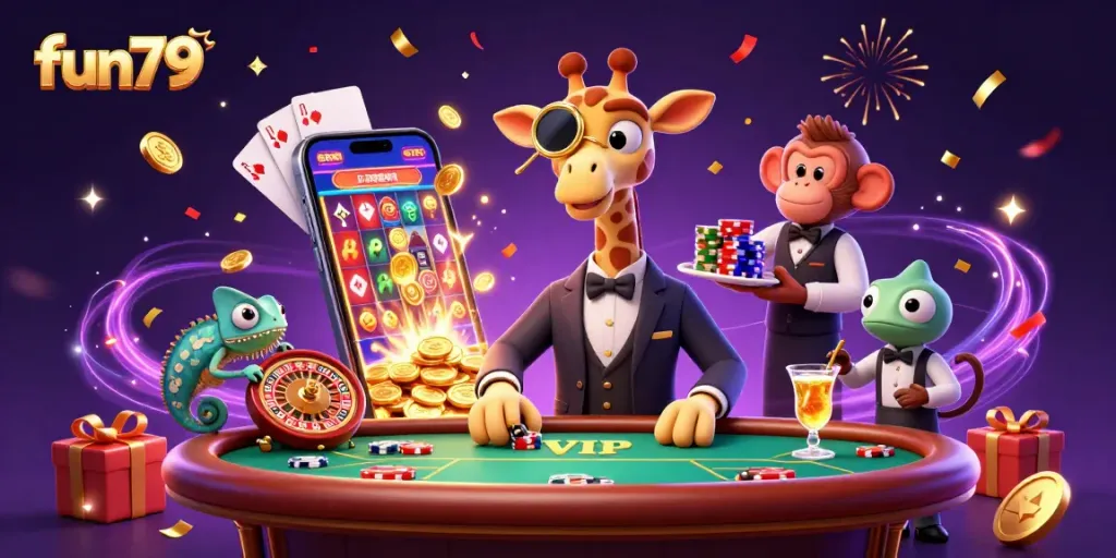 Enjoy thrilling gameplay at fun79 with vibrant casino characters surrounded by dynamic gaming elements.