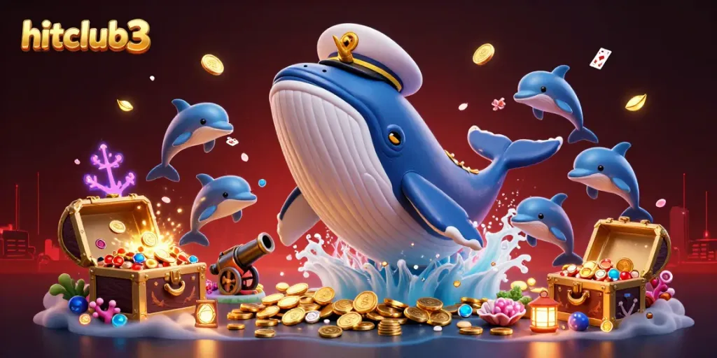 Catch the excitement at hitclub3 with a magical underwater scene featuring a whimsical whale and vibrant casino games.