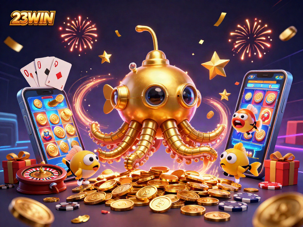 Experience thrilling games with 23WIN's vibrant casino scene featuring a golden kraken and dynamic gameplay elements.