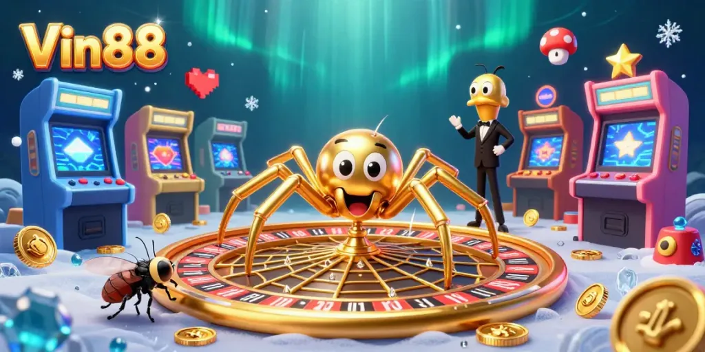 Vin88 engages players in a vibrant, thrilling casino scene with a golden spider and colorful arcade elements.