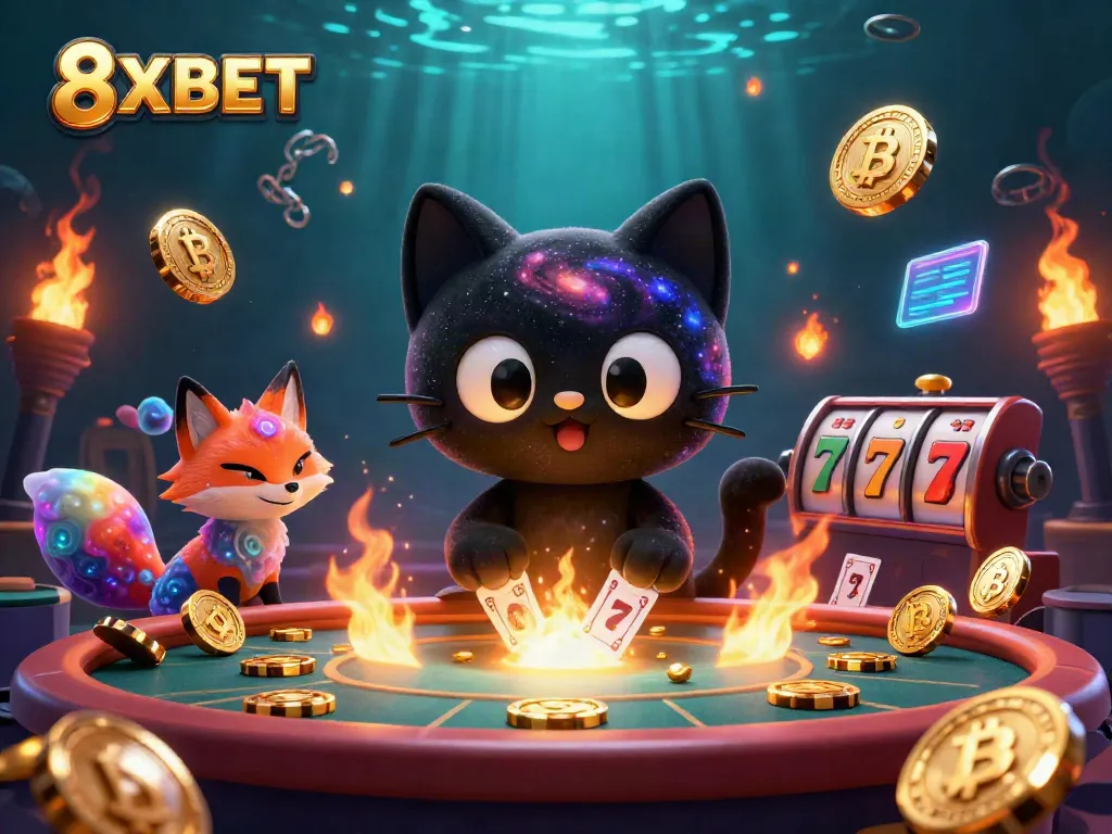 Experience the thrilling atmosphere of 8XBET with vibrant slot elements in a cosmic casino setting.