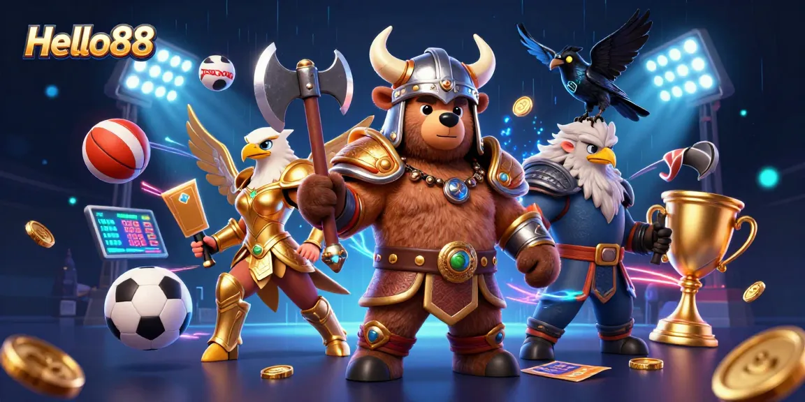Bet on Hello88's exhilarating games, featuring Viking characters and golden trophies in dynamic sports scene.