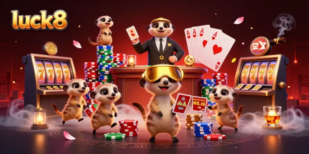 Luck8 meerkats manage a vibrant casino scene filled with spinning slots and colorful chips.