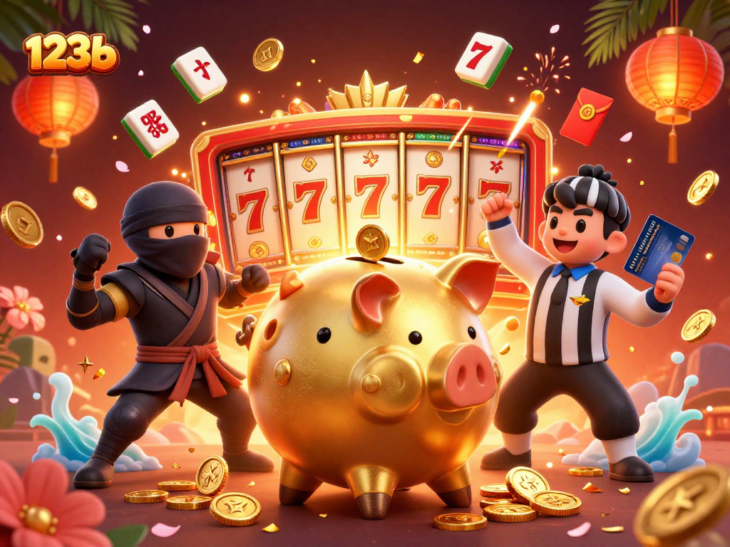 Join the action with 123b as the golden piggy bank sumo wrestler overflows with coins in this vibrant casino scene.