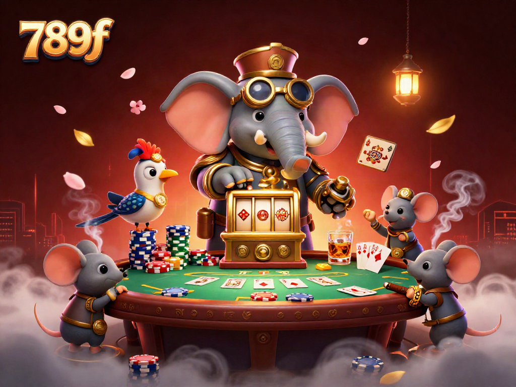 Engage with the vibrant 789f casino scene featuring a steampunk elephant at a golden slot machine.