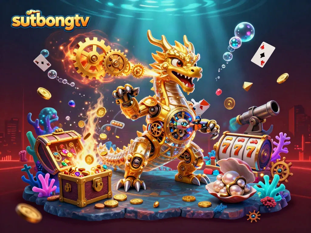 Sutbongtv showcases an exciting 3D illustration featuring a dragon shooting gold gears amidst vibrant casino elements.