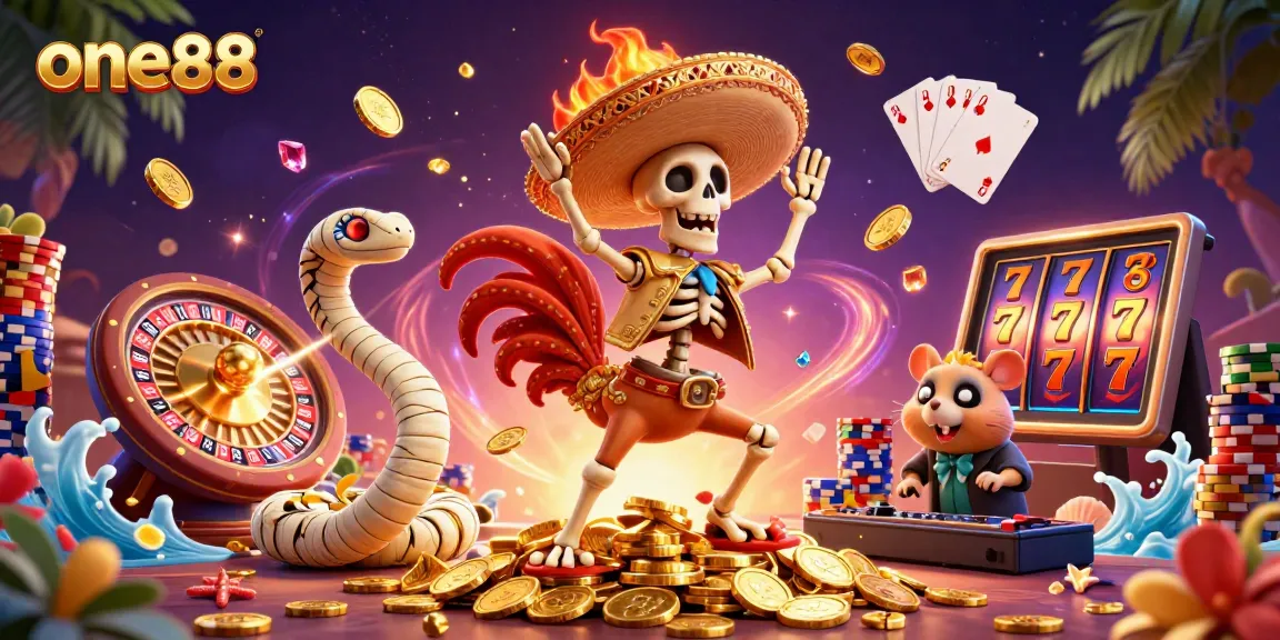 Engage in thrilling casino fun with one88 as a 3D cartoon mariachi rooster triumphs amidst golden coins and slots.
