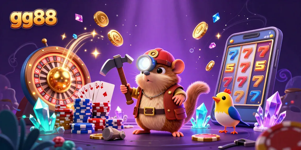 Experience exciting gameplay at gg88 with vibrant casino elements and a cartoon treasure hunter in action.