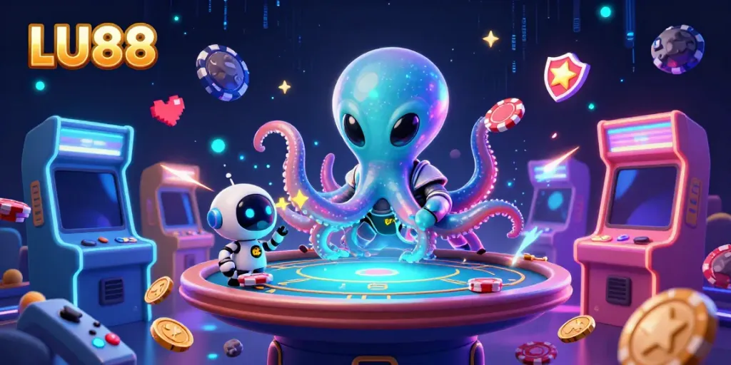 Engage in thrilling casino gaming with LU88, featuring an alien octopus at a poker table in a vivid galaxy.