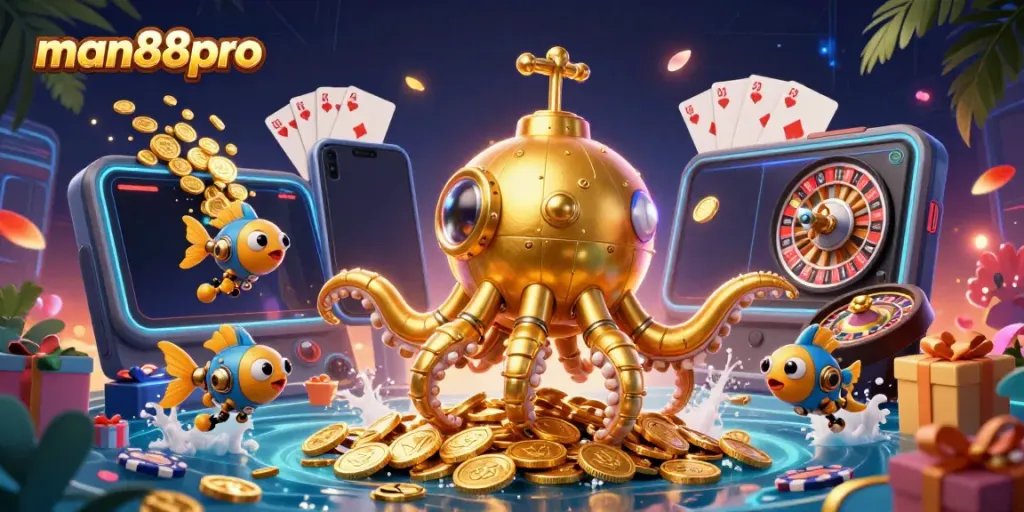 Experience exciting gameplay at man88pro with a vibrant 3D casino scene featuring a golden kraken among riches.
