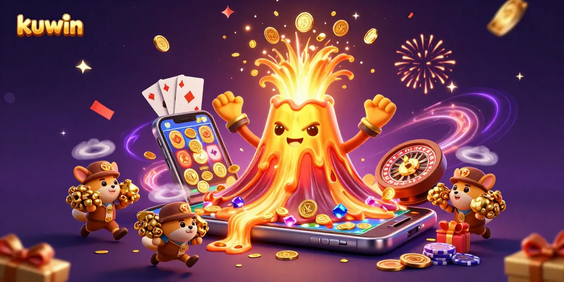 kuwin erupts with treasures pouring from a golden volcano, enhancing casino excitement.