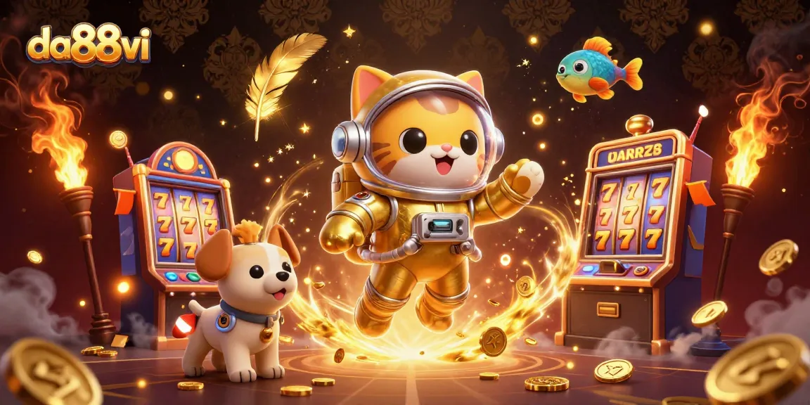 da88vi slot machine scene with astronaut cat and robot dog floating in a rich nebula