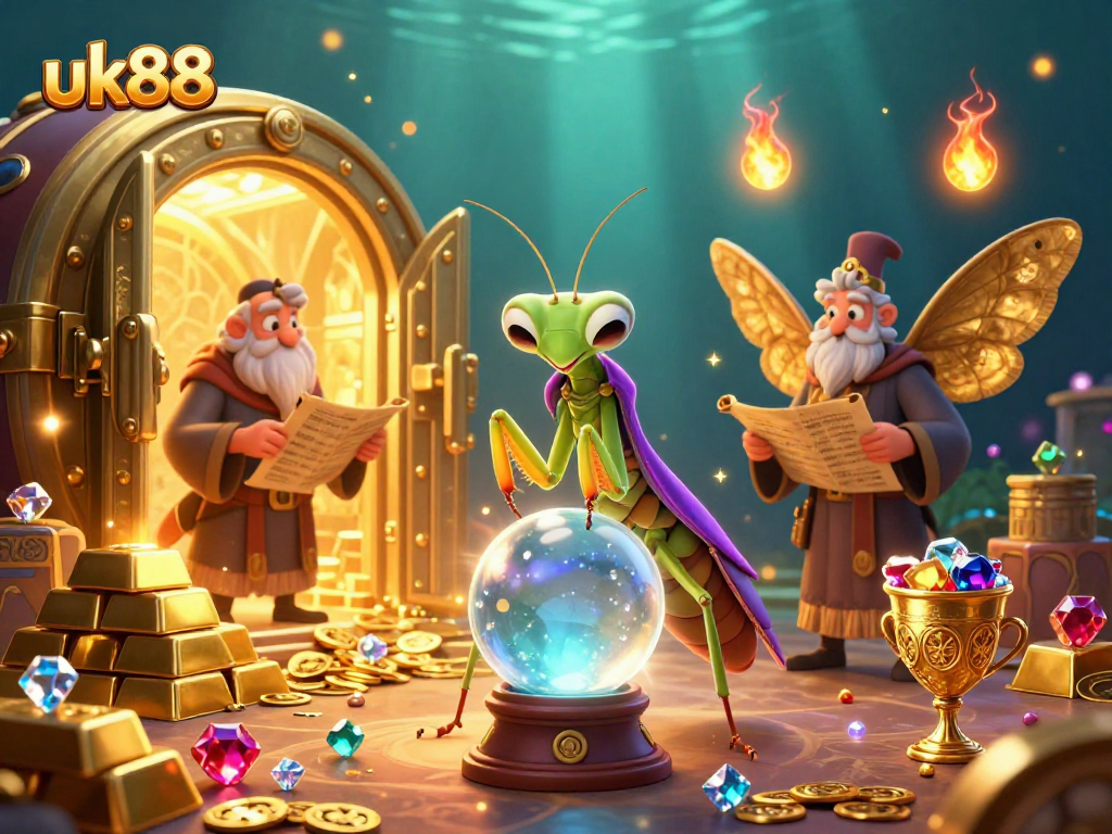 Experience the magic of uk88 as a praying mantis fortune teller consults a crystal ball in a vibrant casino world.