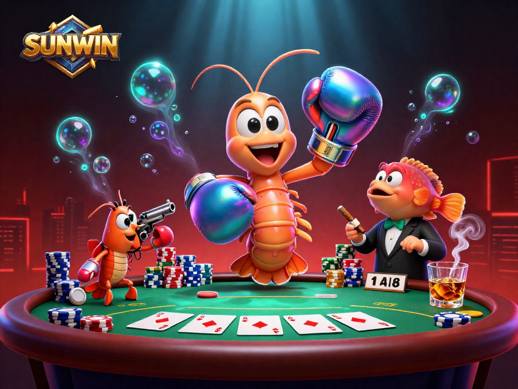 SUNWIN poker showdown featuring vibrant characters and dynamic casino elements in an engaging underwater scene.