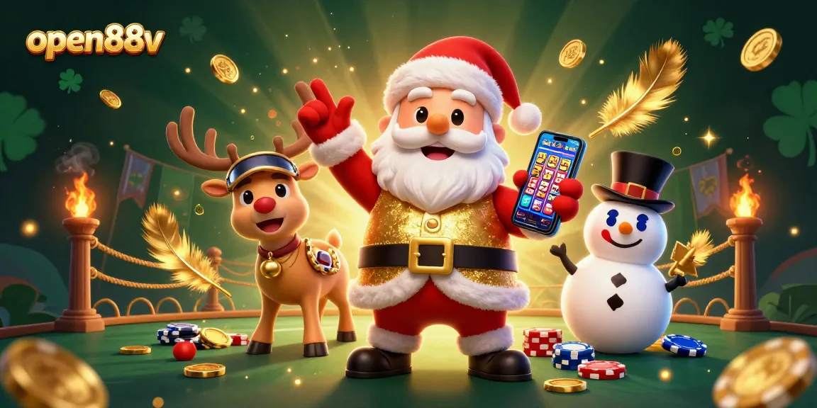 Play slots with open88v alongside a festive Santa, reindeer dealer, and poker chip snowman.