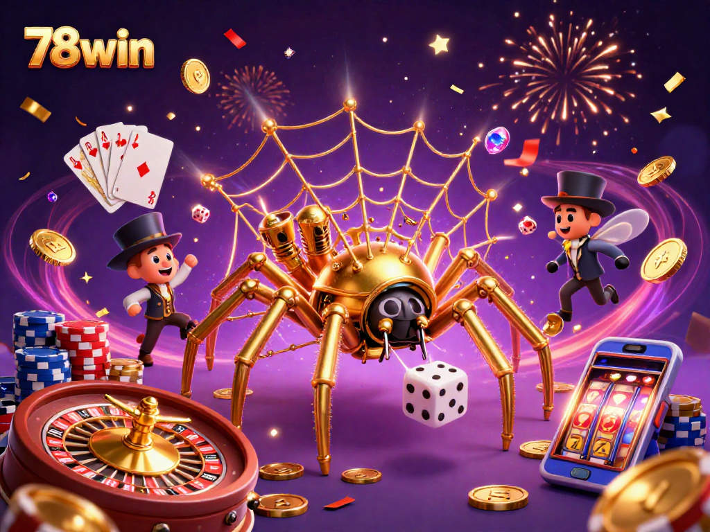 Catch the excitement of 78win at this dynamic 3D casino scene with golden spider and vibrant game elements.