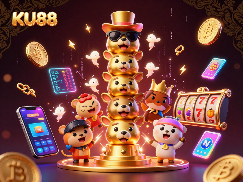 Spin the slots at KU88 with vibrant totem pole and crypto-themed gaming elements.
