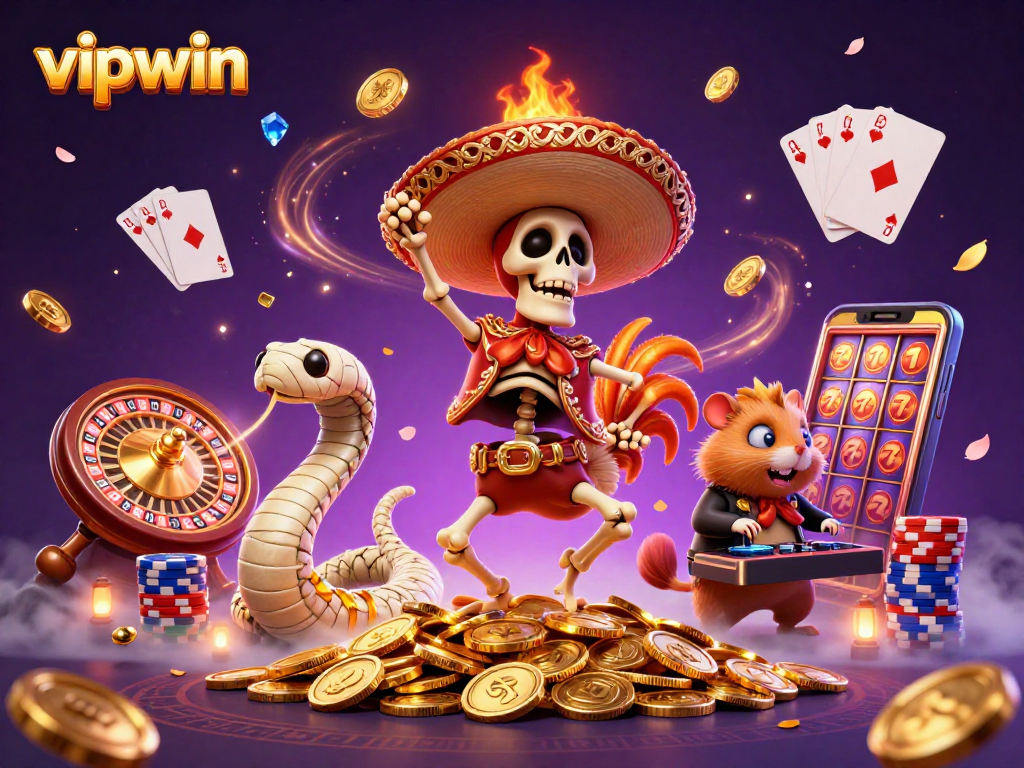 Experience thrilling moments with vipwin featuring dynamic characters celebrating amidst dazzling gambling elements.