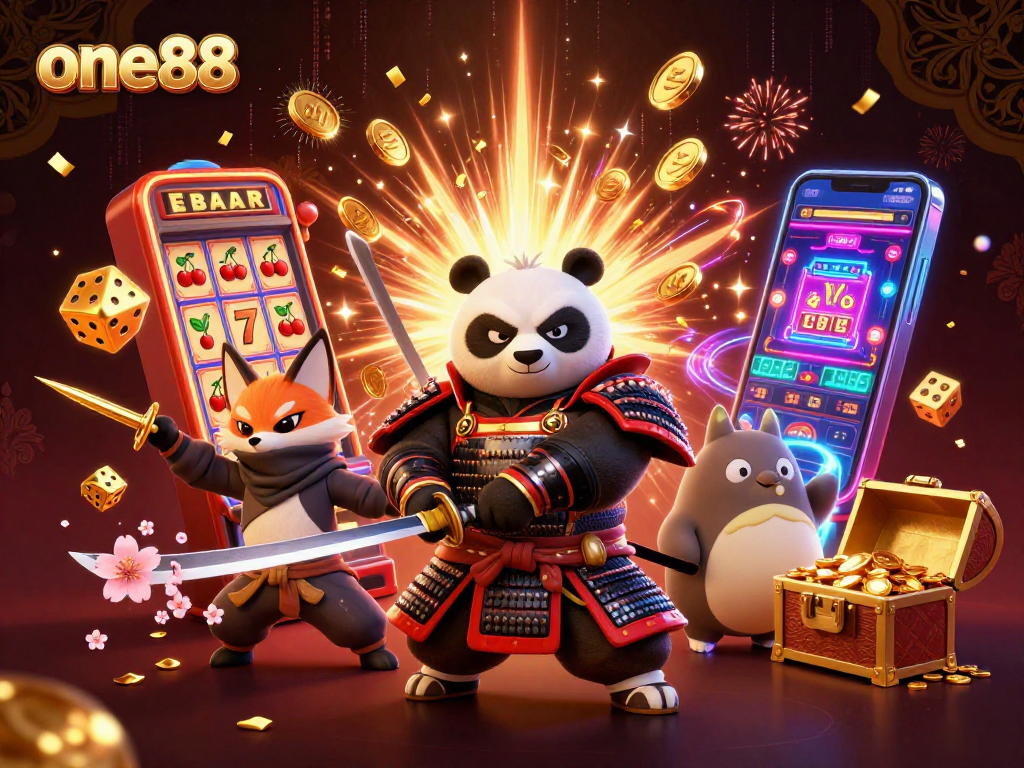 Experience dynamic gaming action with one88, featuring a panda samurai, ninja fox, and magical tanuki amidst a burst of casino excitement.
