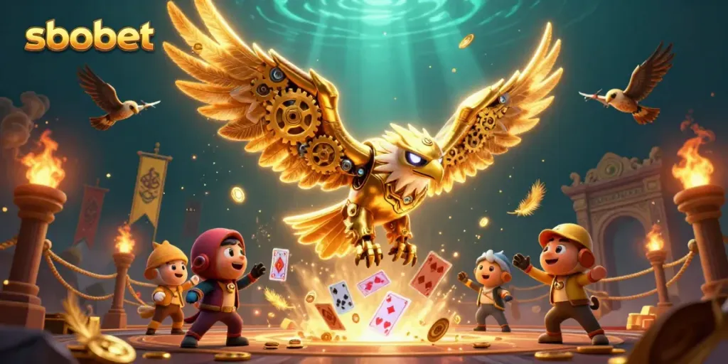 Menang taruhan sbobet di arena judi dengan elang robotik dan kartu holografik yang megah.
