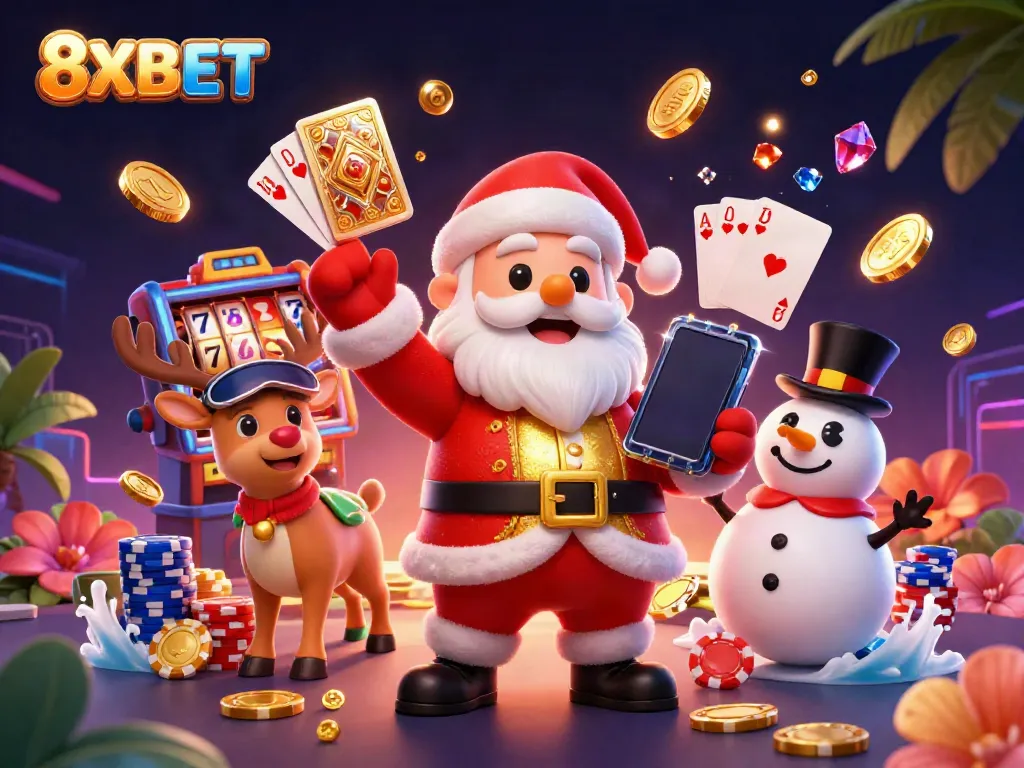 Experience the thrill of 8XBET with Santa and friends in a bustling casino scene.