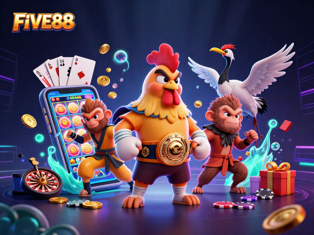 Experience exhilarating gaming action at FIVE88, featuring vibrant characters and dynamic casino elements.