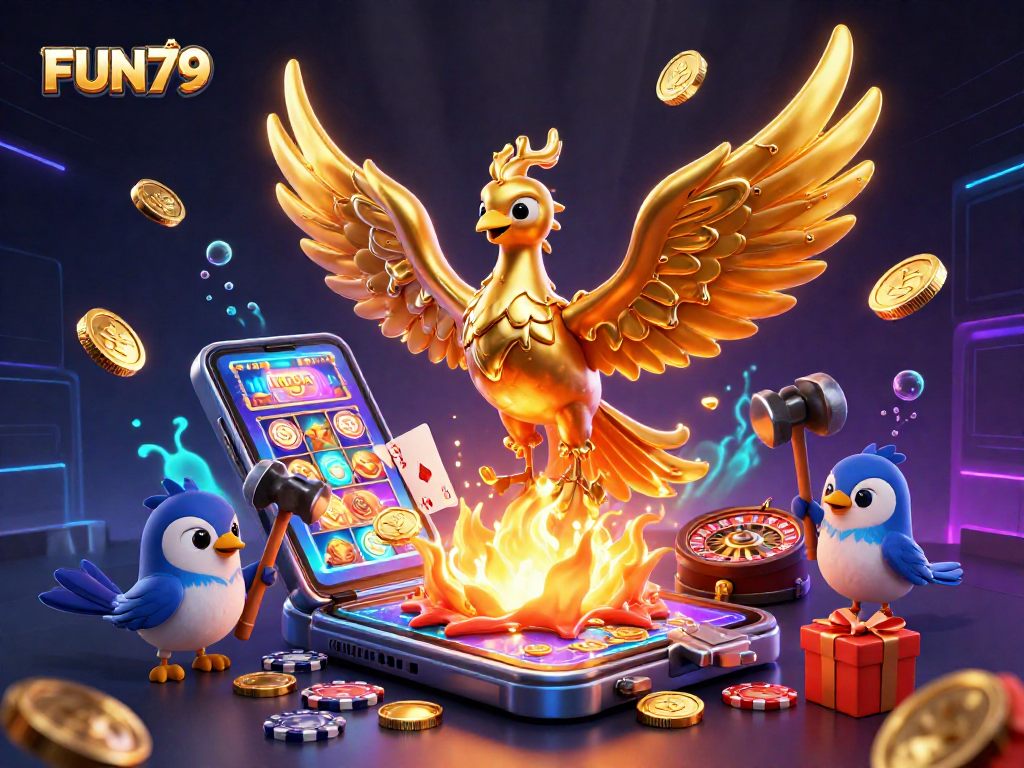 Experience thrilling gaming at FUN79 with a striking 3D casino illustration featuring a golden phoenix and dynamic games.