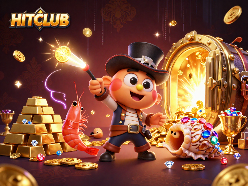 Engage with the HITCLUB experience featuring a deep-sea anglerfish and pirate shrimp in a treasure-filled scene.