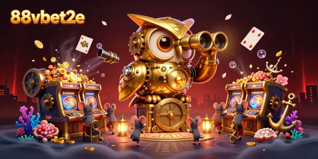 Experience the excitement of 88vbet2e with a clockwork owl scanning a vibrant casino floor full of action.