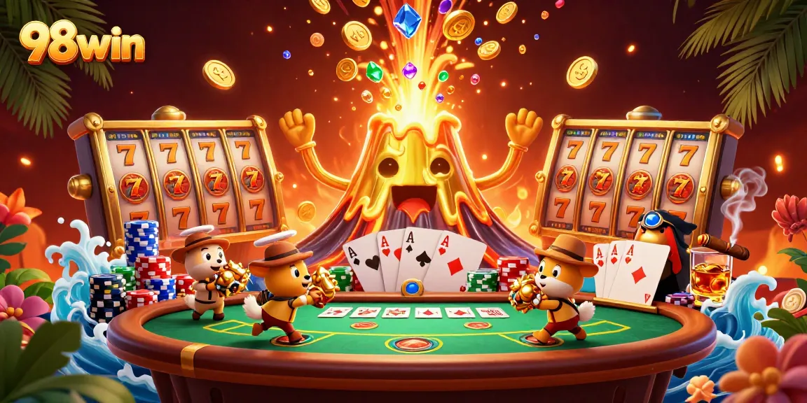Engage with the thrilling world of 98win as a golden volcano erupts with treasure, illuminating the casino scene.
