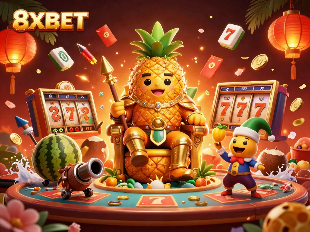 Experience the vibrant action of 8XBET in a lively casino scene with colorful characters and game elements.
