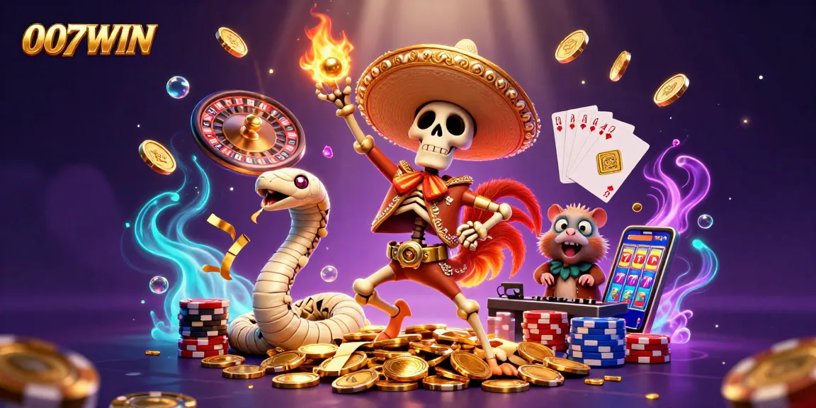 Experience 007WIN’s thrilling casino adventure with characters dancing on coins amidst vibrant lights.