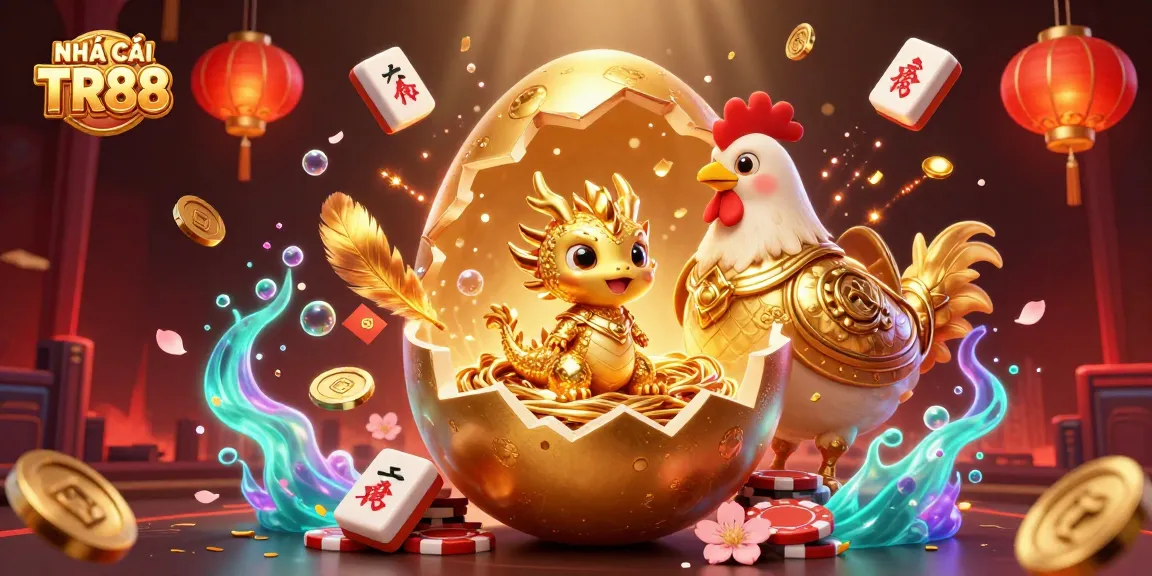 Engage with NHÀ CÁI TR88's thrilling casino world featuring a golden dragon amid poker chips and vibrant game elements.